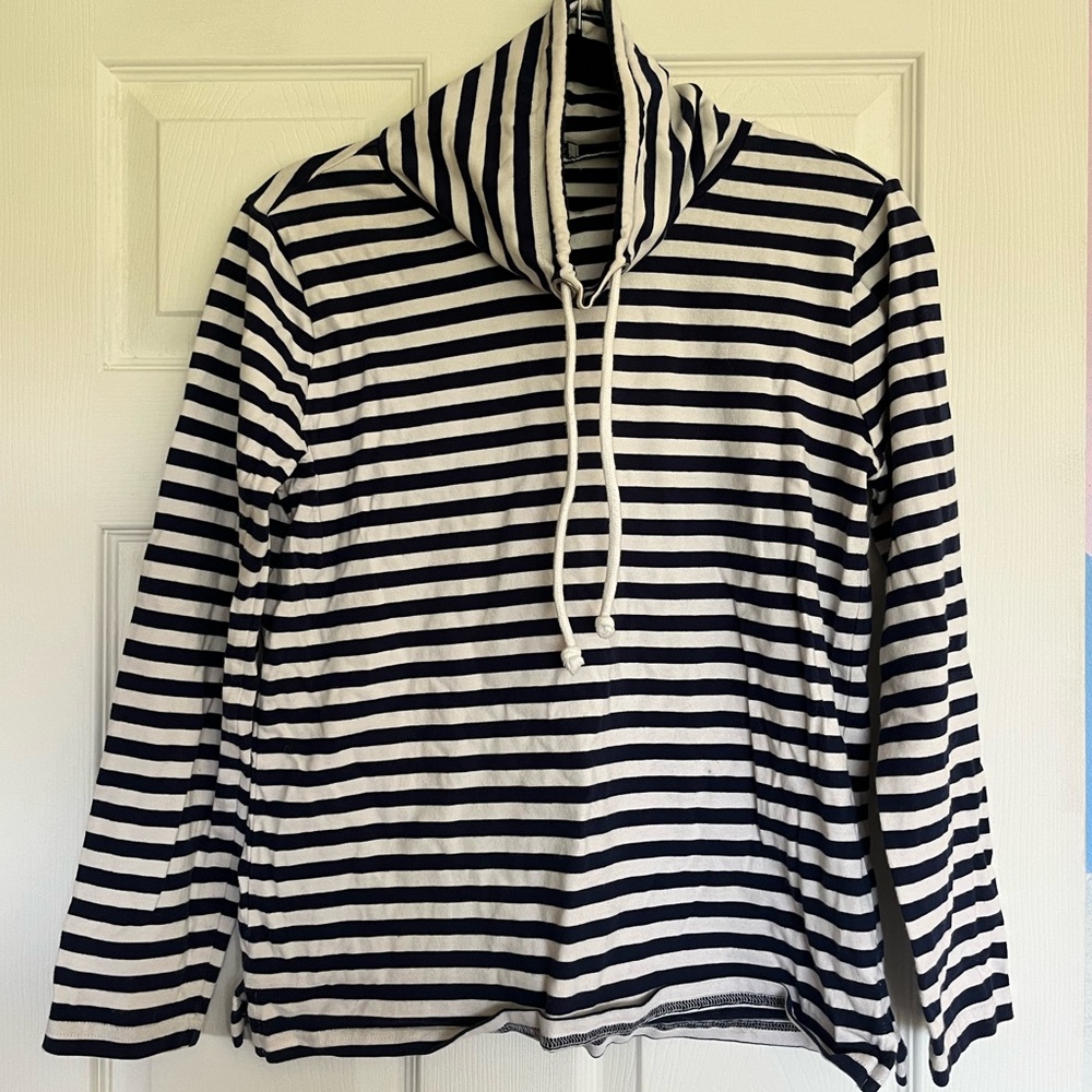 J Crew Funnelneck Navy and White Striped Sweatshirt